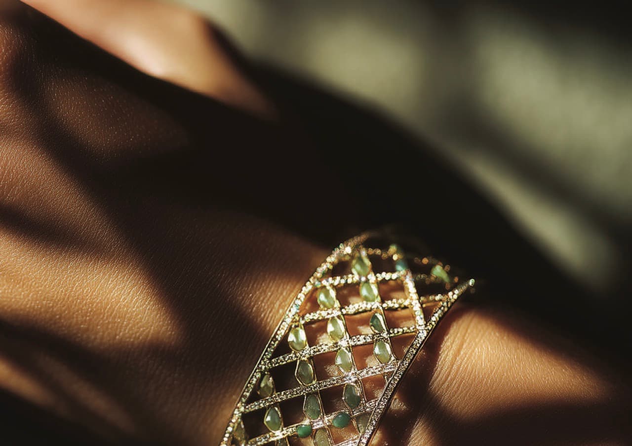 A gold lattice bracelet set with green stones, on a wrist in low sunlight
