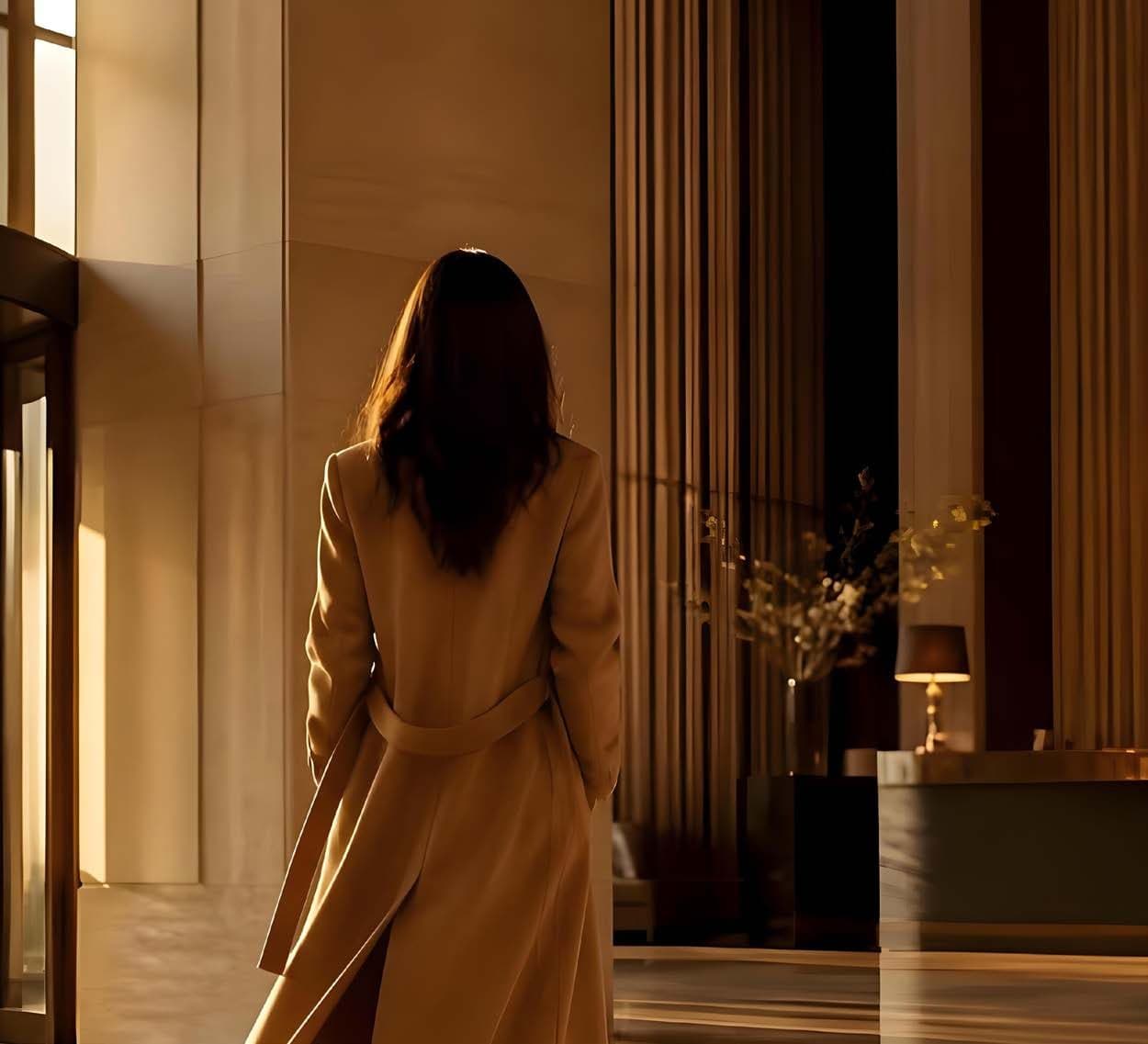 A resident entering a warmly lit lobby